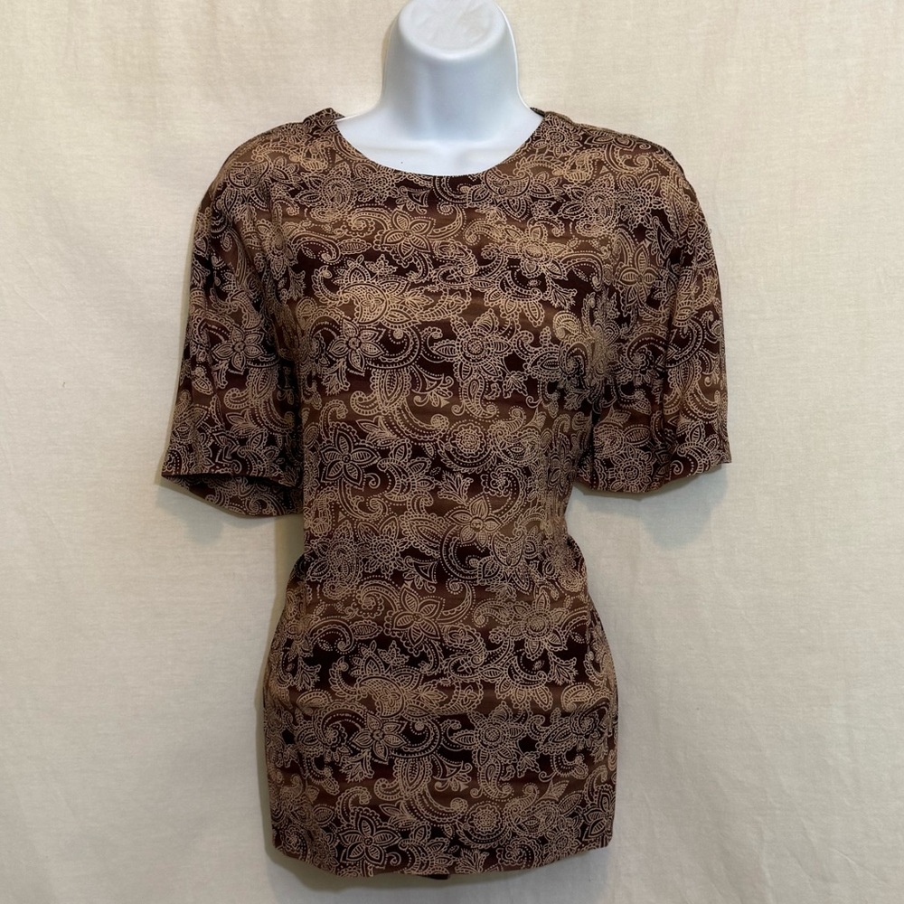 C-72 Rena Rowan Brown & Cream Short Sleeve Pullover Blouse Size 8